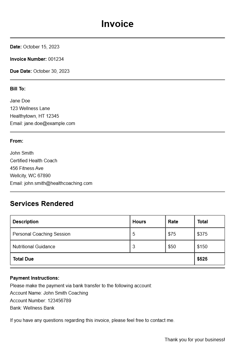 Health Coach Invoice Samples for Your Business Needs