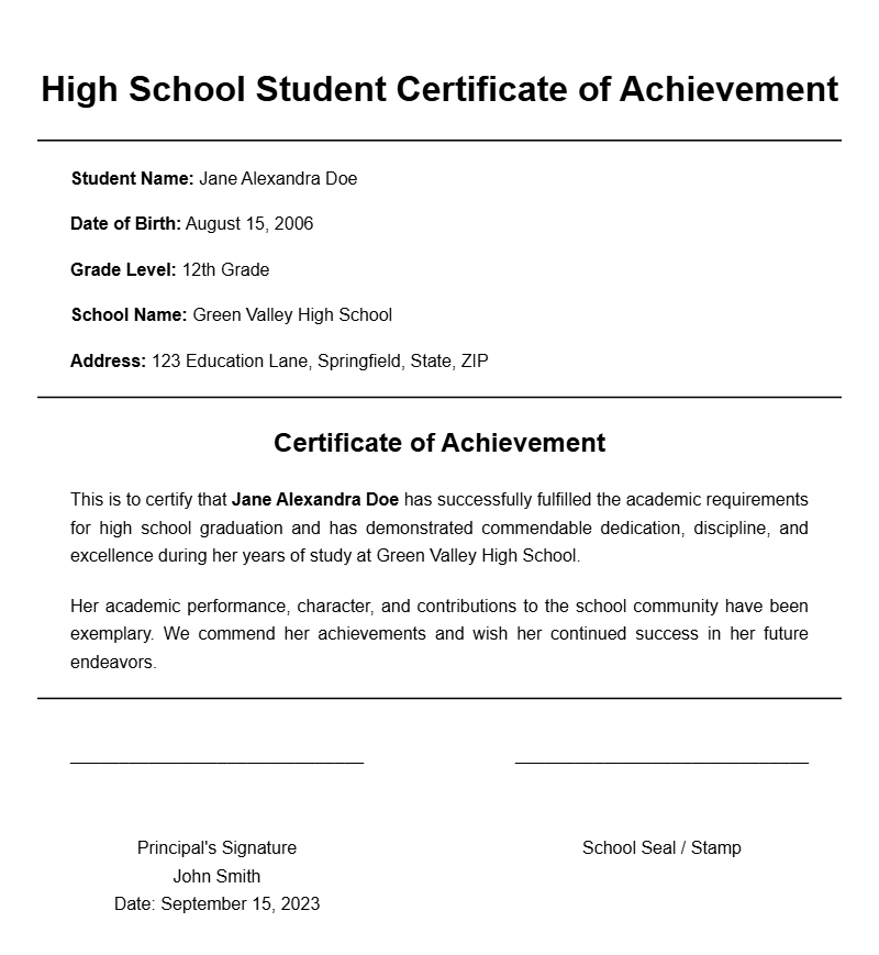 High School Student Certificate Templates for Celebrations and Achievements