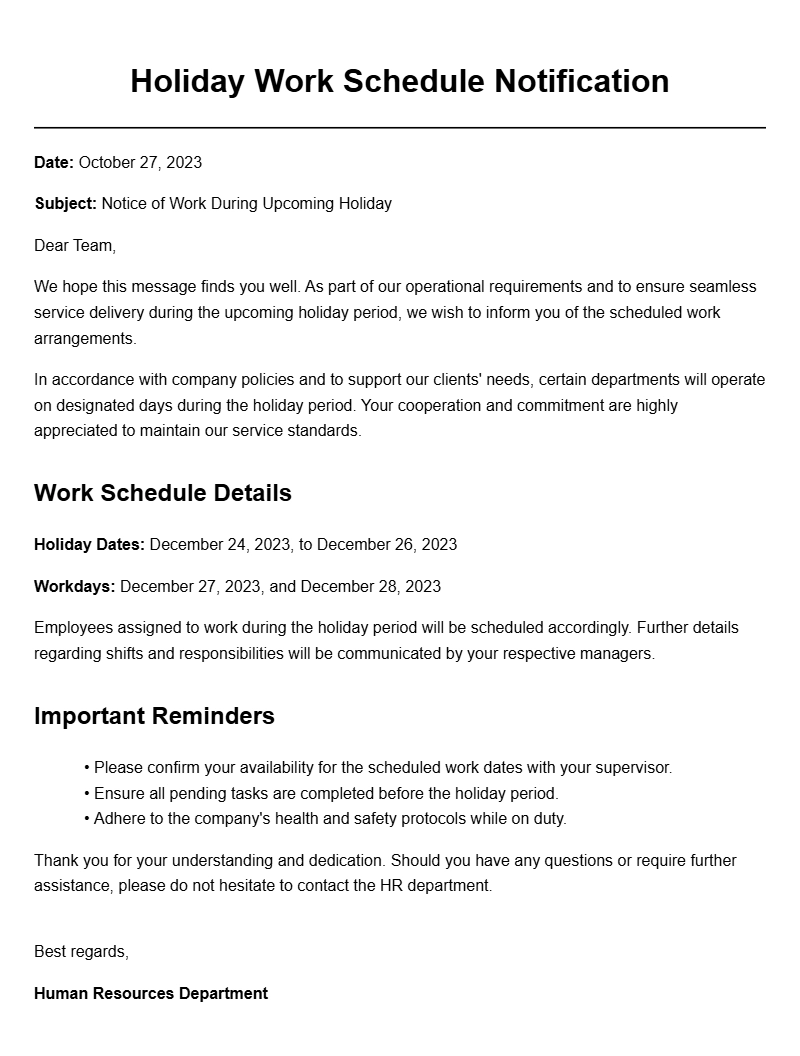 Sample Holiday Work Notice Letters for Employers and Employees