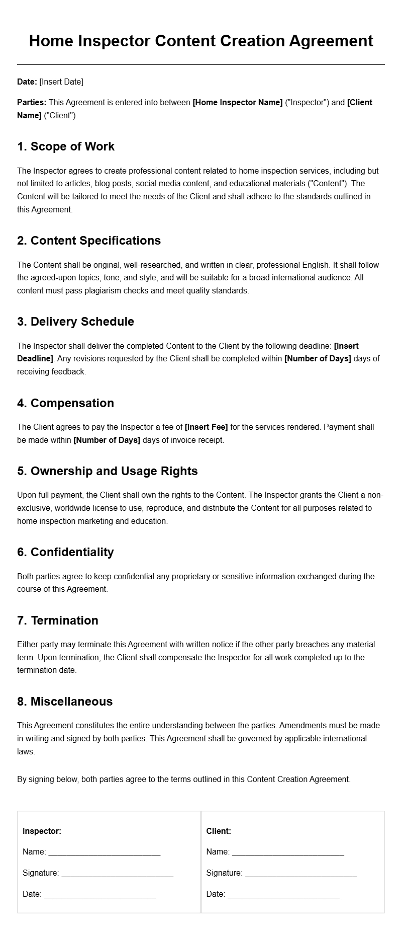 Home Inspector Content Creation Agreement Templates