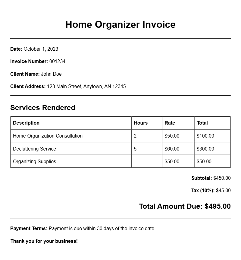 Home Organizer Invoice Templates for Easy Billing