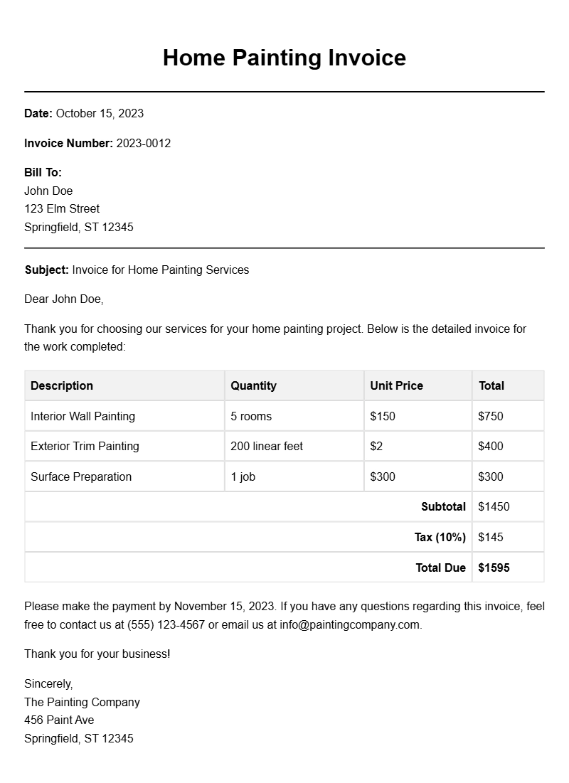 Home Painting Invoice Samples for Your Business Needs