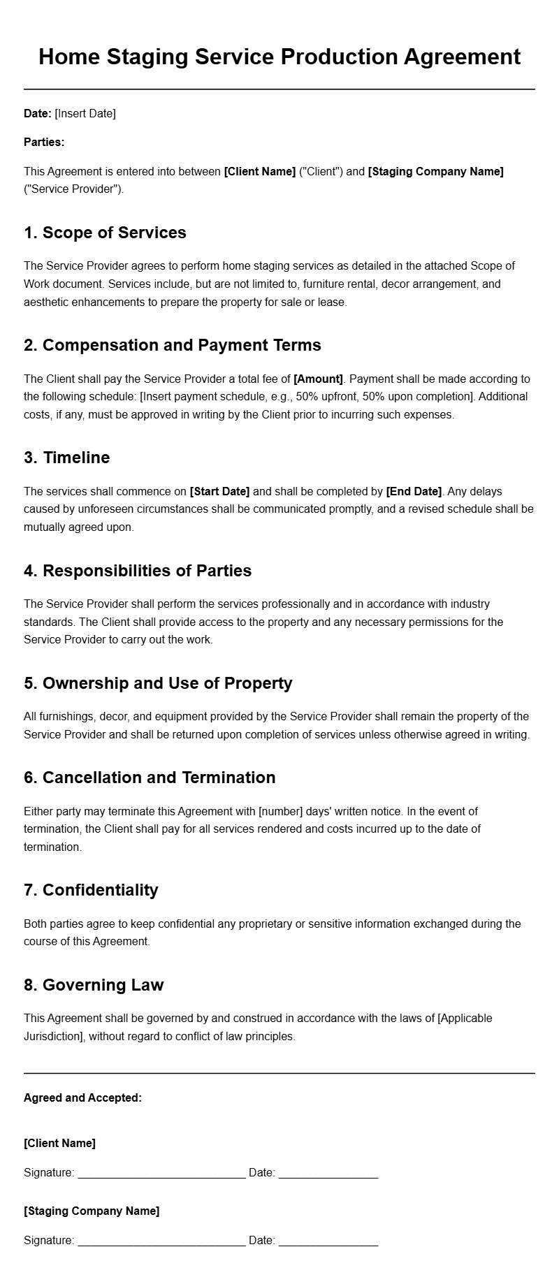 Home Staging Service Production Agreement Templates