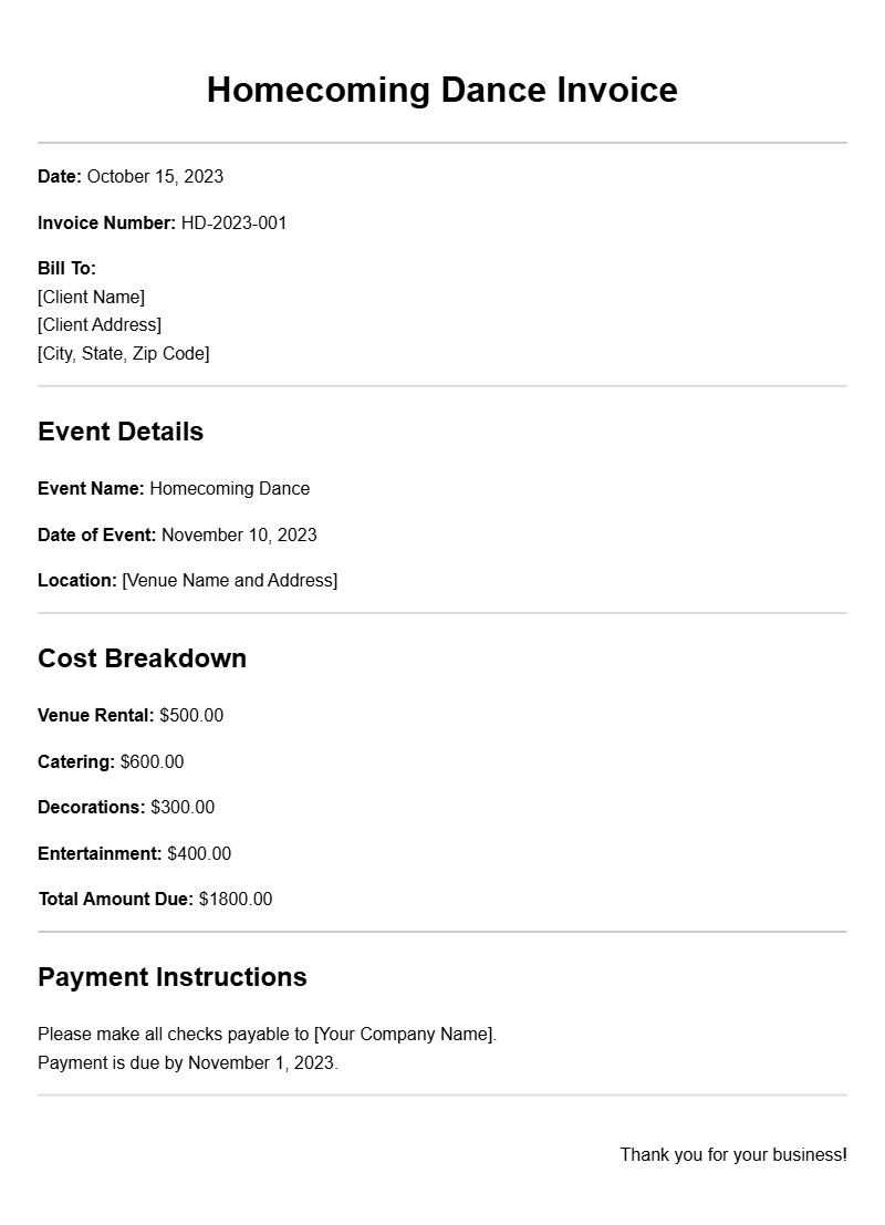 Homecoming Dance Invoice Templates for Easy Event Planning