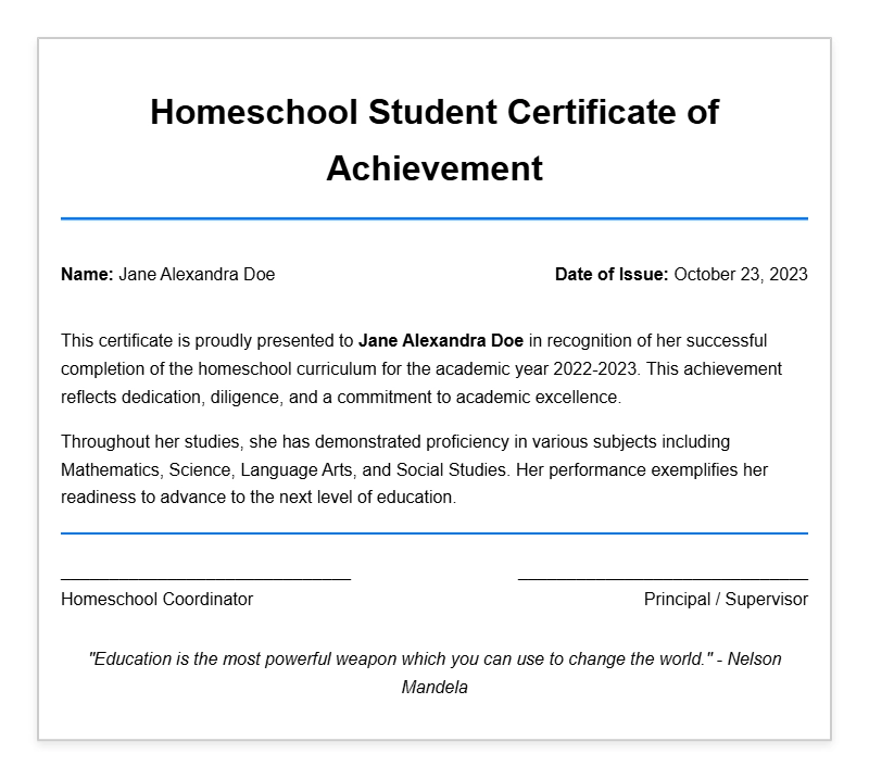 Homeschool Student Certificate Samples for Recognition