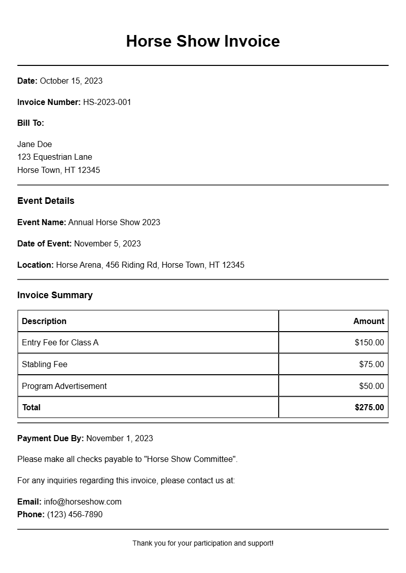 Horse Show Invoice Samples for Easy Billing Solutions