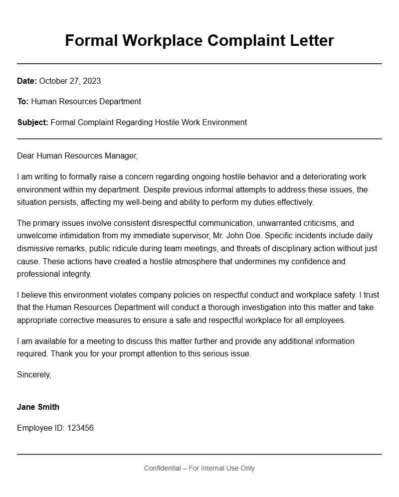 Effective Hostile Workplace Complaint Letter Samples