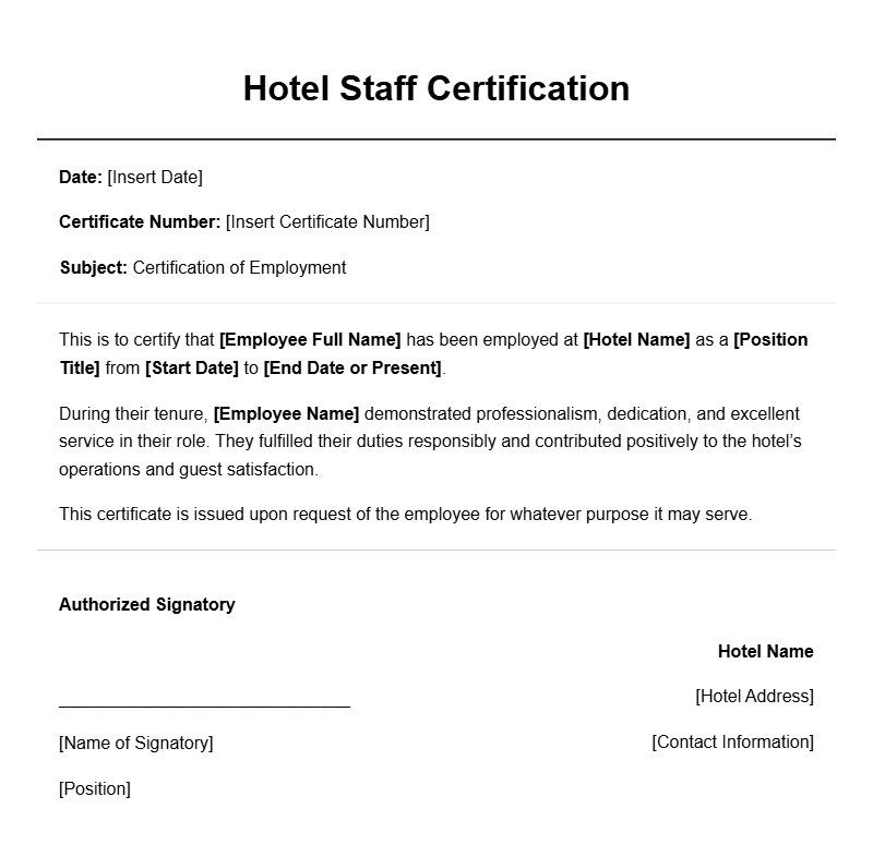 Hotel Staff Certificate Samples for Professional Recognition