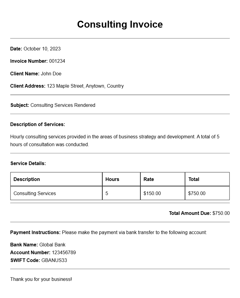Hourly Consulting Invoice Samples for Your Business Needs