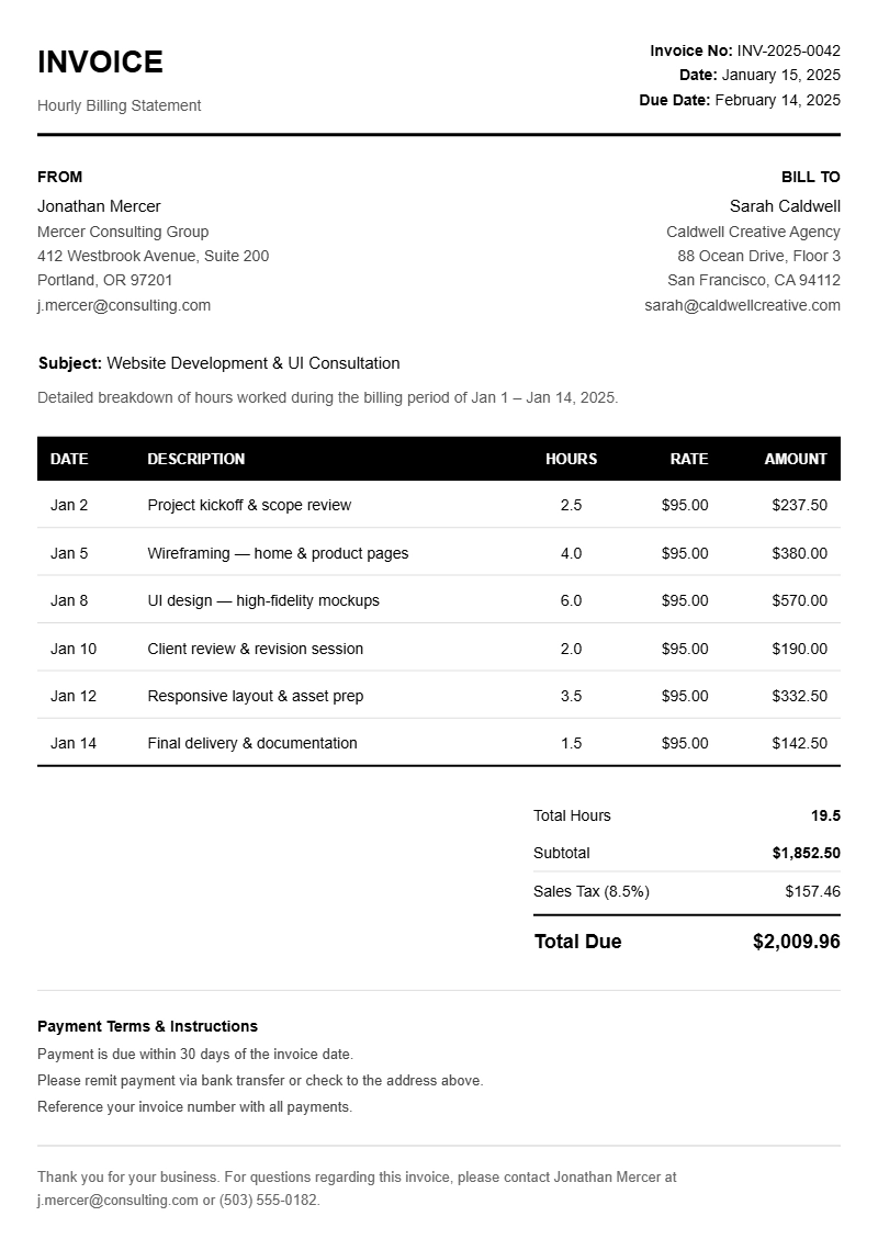 Hourly Invoice Templates for Freelancers
