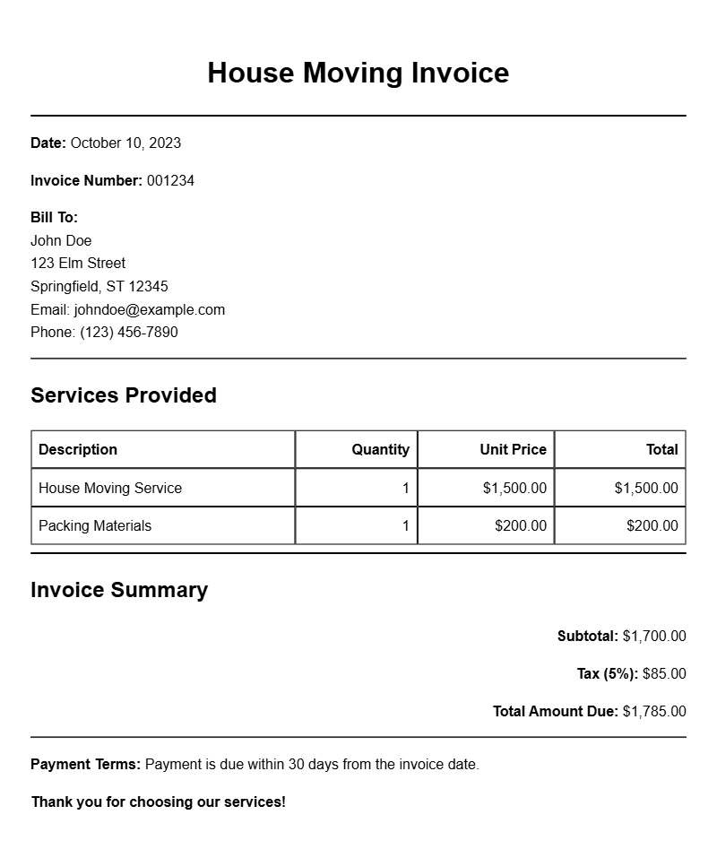 House Moving Invoice Samples for Easy Reference