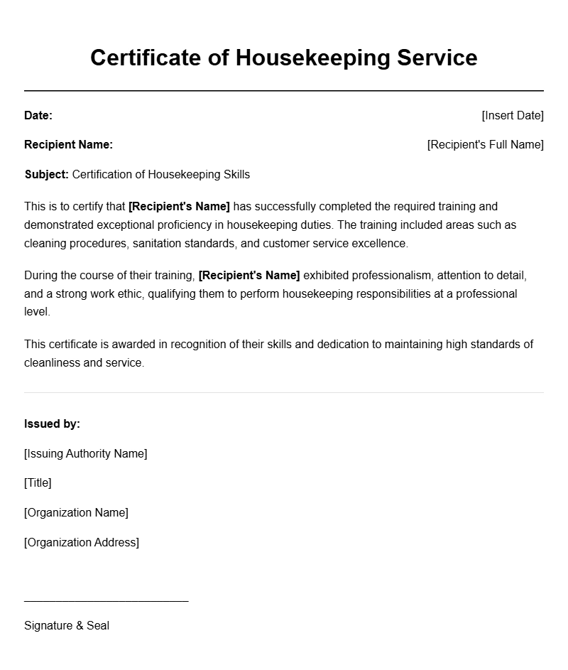 Housekeeper Certificate Samples and Templates