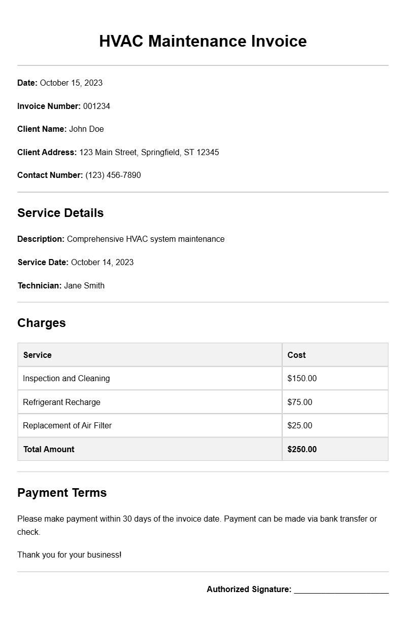 HVAC Maintenance Invoice Samples for Your Business Needs