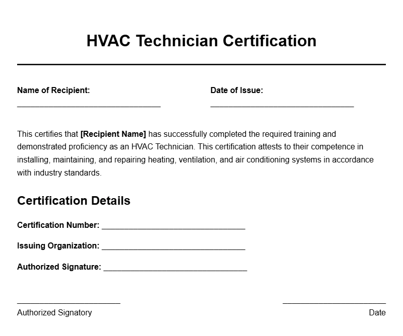Professional HVAC Technician Certificate Templates