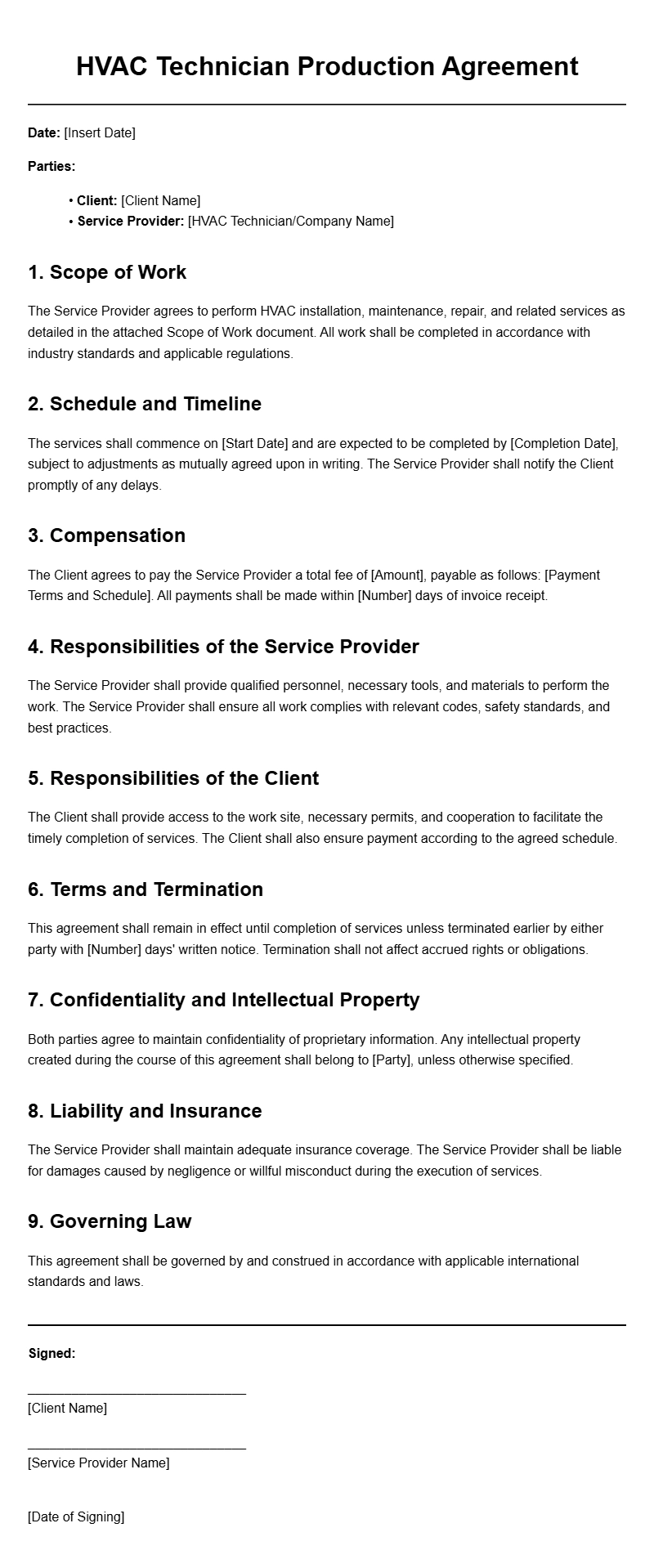 HVAC Technician Production Agreement Templates