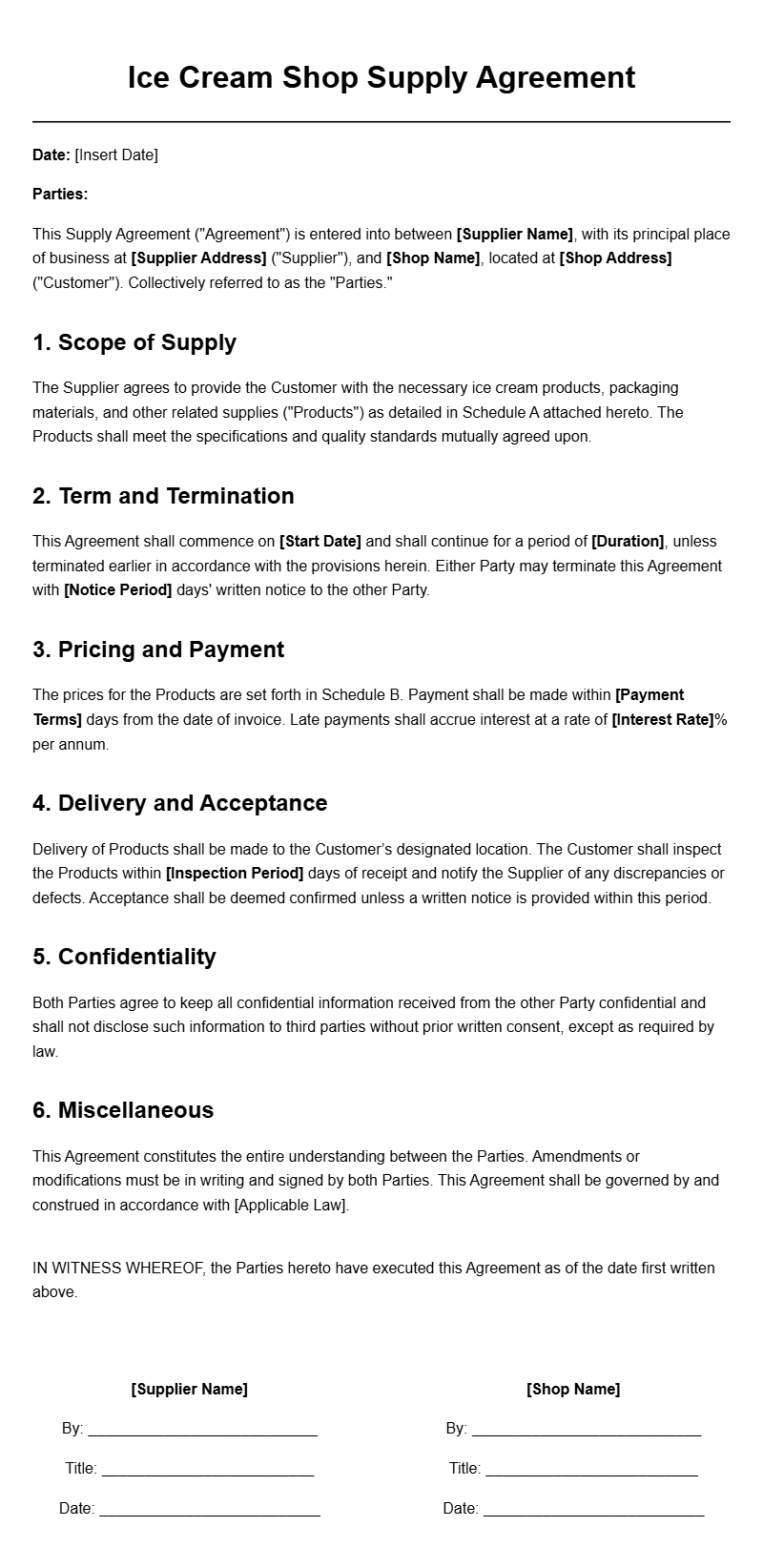 Ice Cream Shop Supply Agreement Templates for Smooth Business Deals