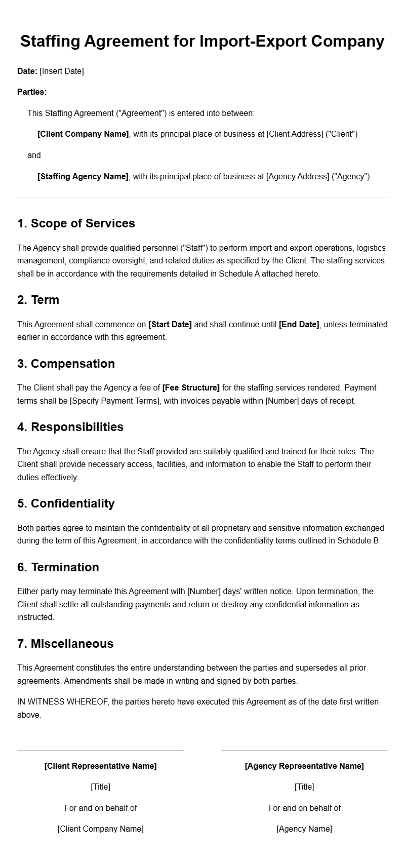 Import Export Company Staffing Agreement Templates