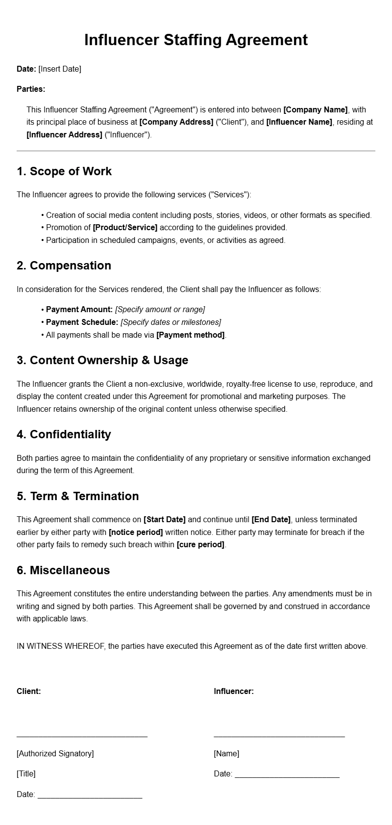 Influencer Staffing Agreement Templates for Smooth Collaborations Influencer Staffing Agreement Templates for Smooth Collaborations