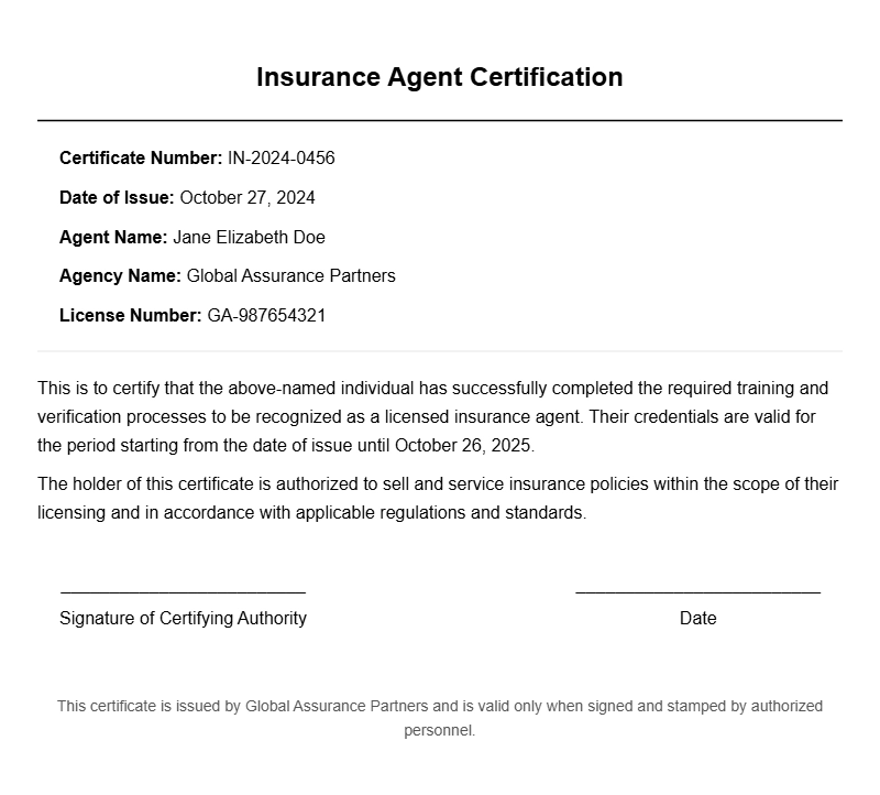 Insurance Agent Certificate Templates for Professional Recognition