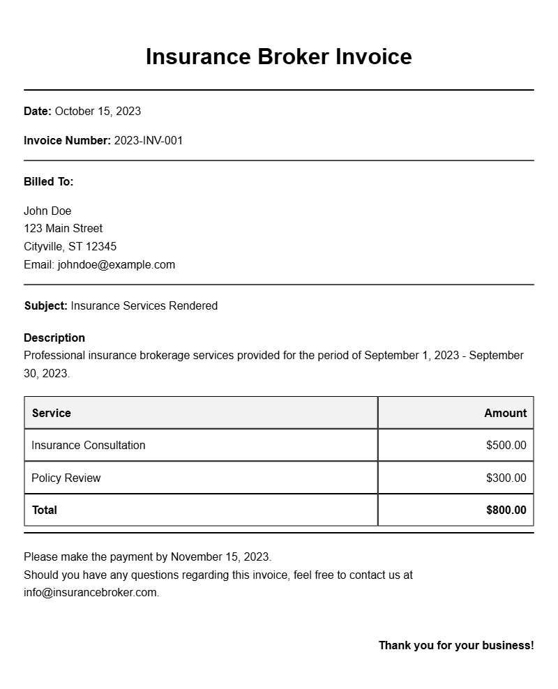 insurance broker invoice samples