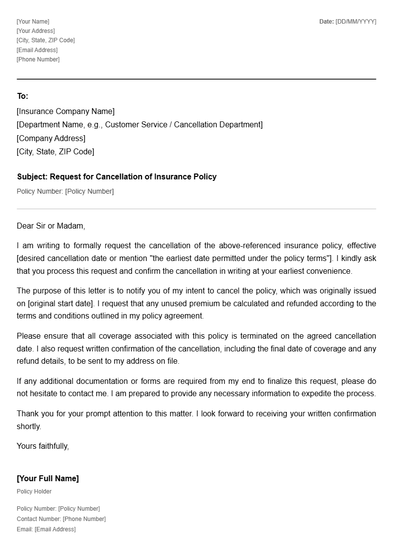 Insurance Cancellation Letter Templates