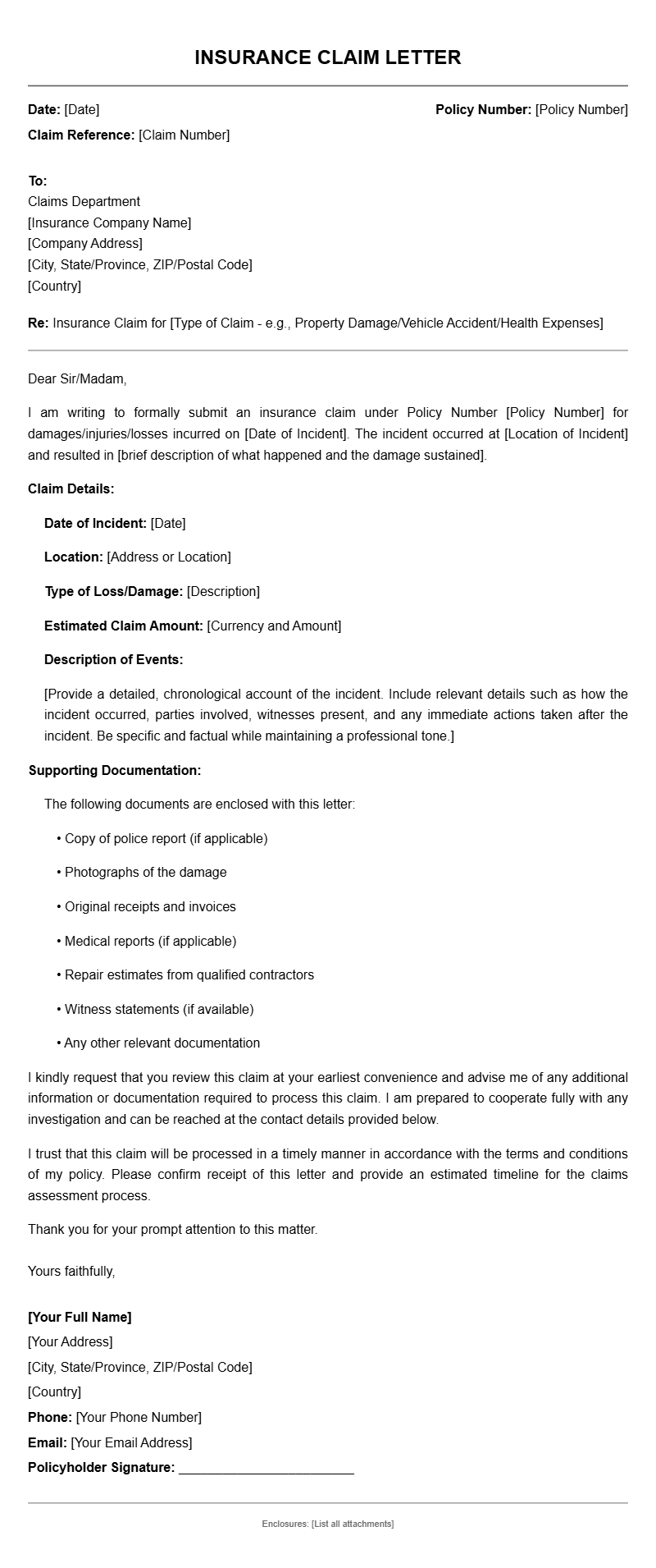 Insurance Claim Letter Templates
