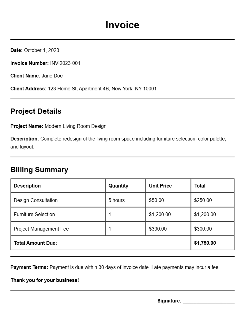Interior Designer Invoice Samples for Your Business Needs
