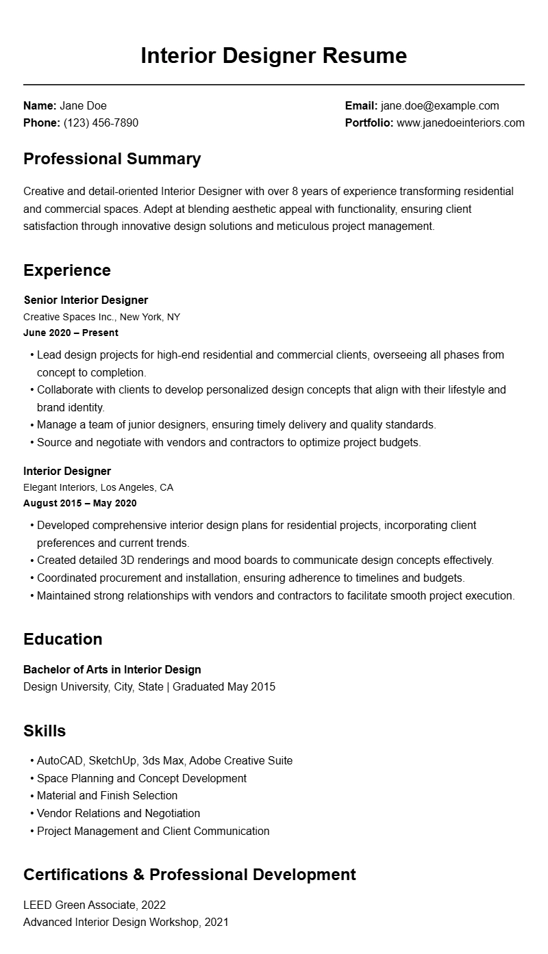 Interior Designer Resume Samples for a Professional Look
