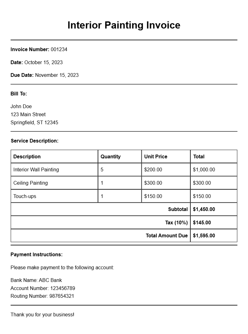 Interior Painting Invoice Samples for Your Business Needs