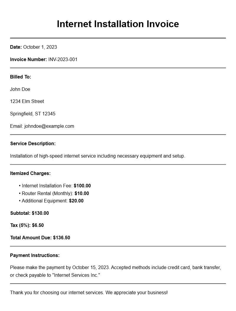 Internet Installation Invoice Templates for Easy Billing