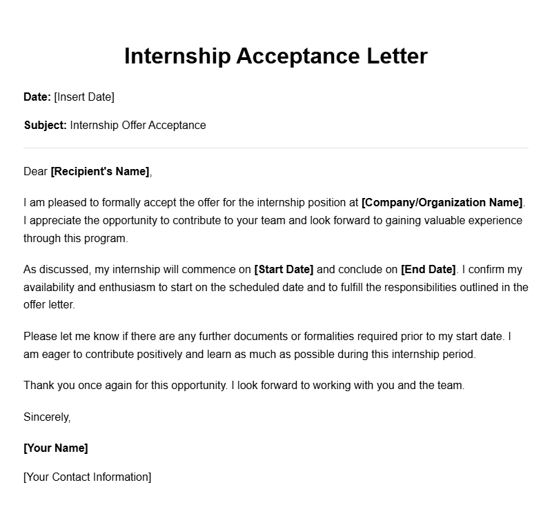 Professional Internship Acceptance Letter Templates