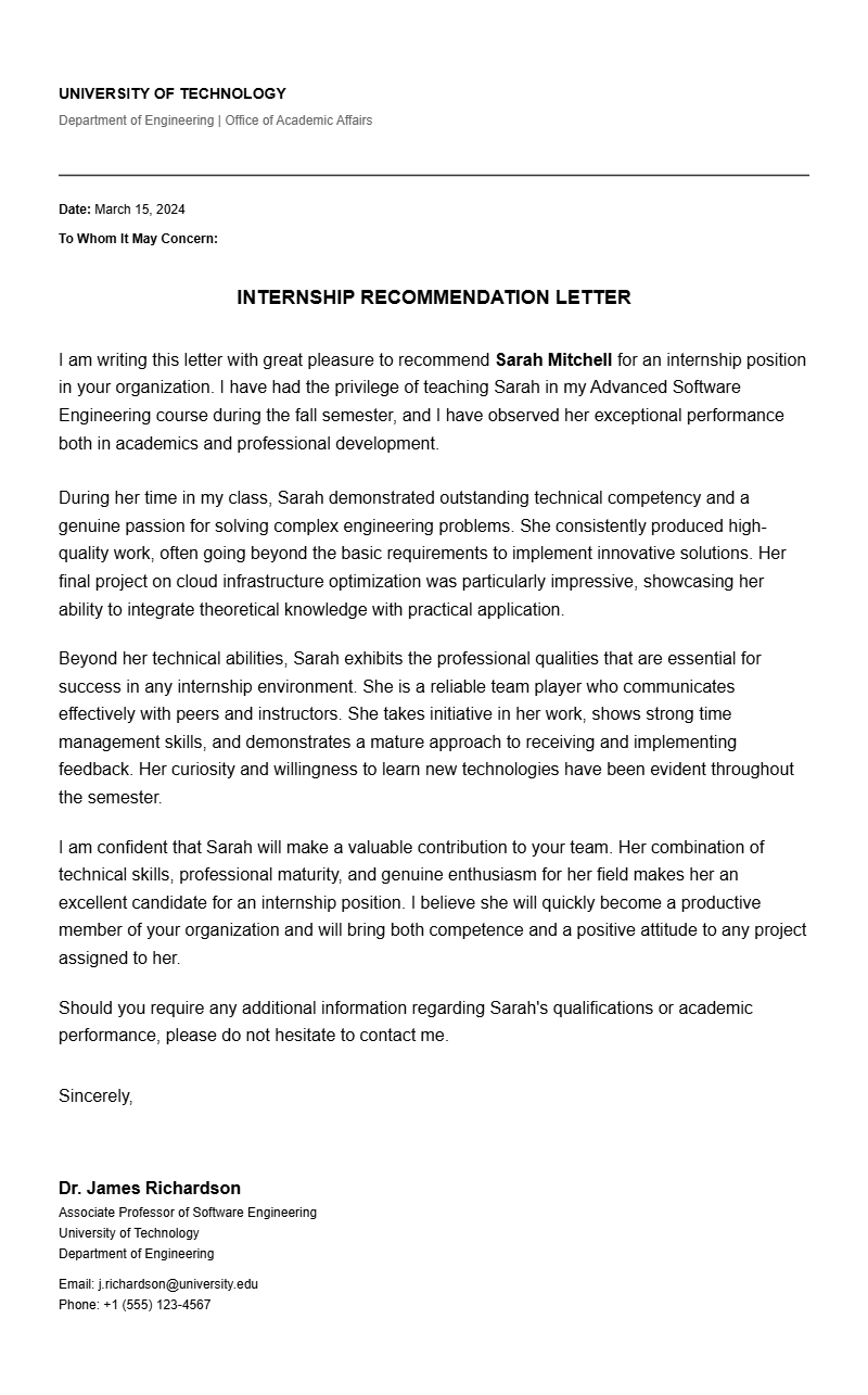 Internship Recommendation Letter Samples