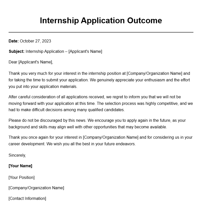 Sample Internship Rejection Letters for Professionals