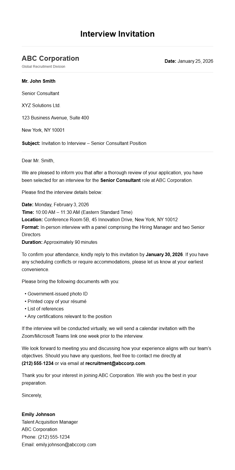 Interview Invitation Letter Examples