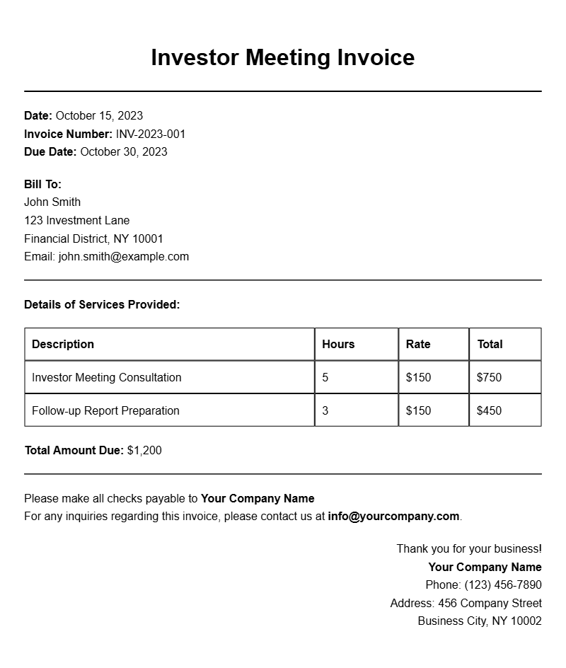 Investor Meeting Invoice Samples for Your Business Needs