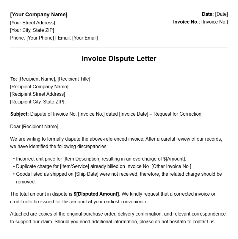 Invoice Dispute Letter Samples