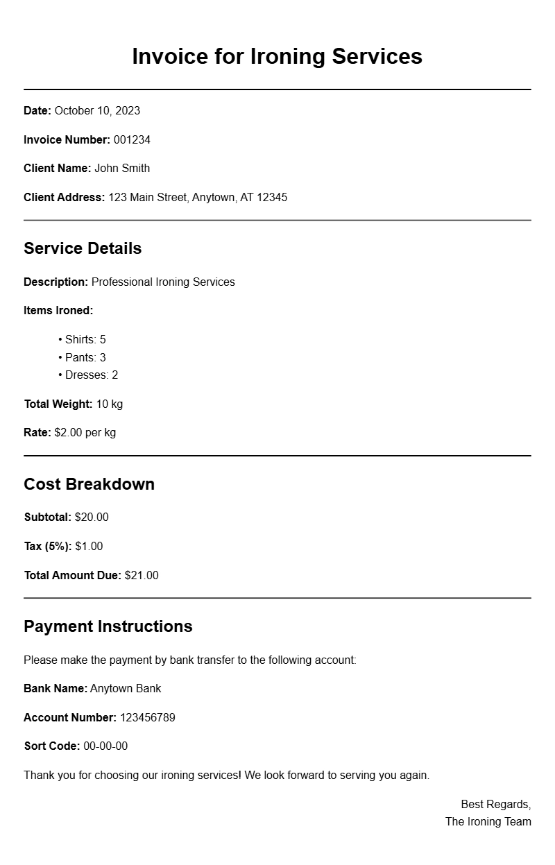 Ironing Service Invoice Samples for Your Business Needs