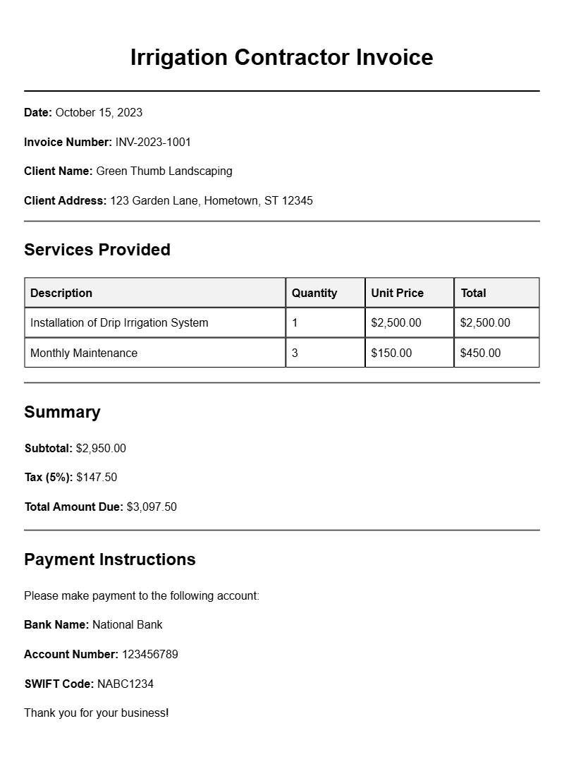 Irrigation Contractor Invoice Samples for Efficient Billing
