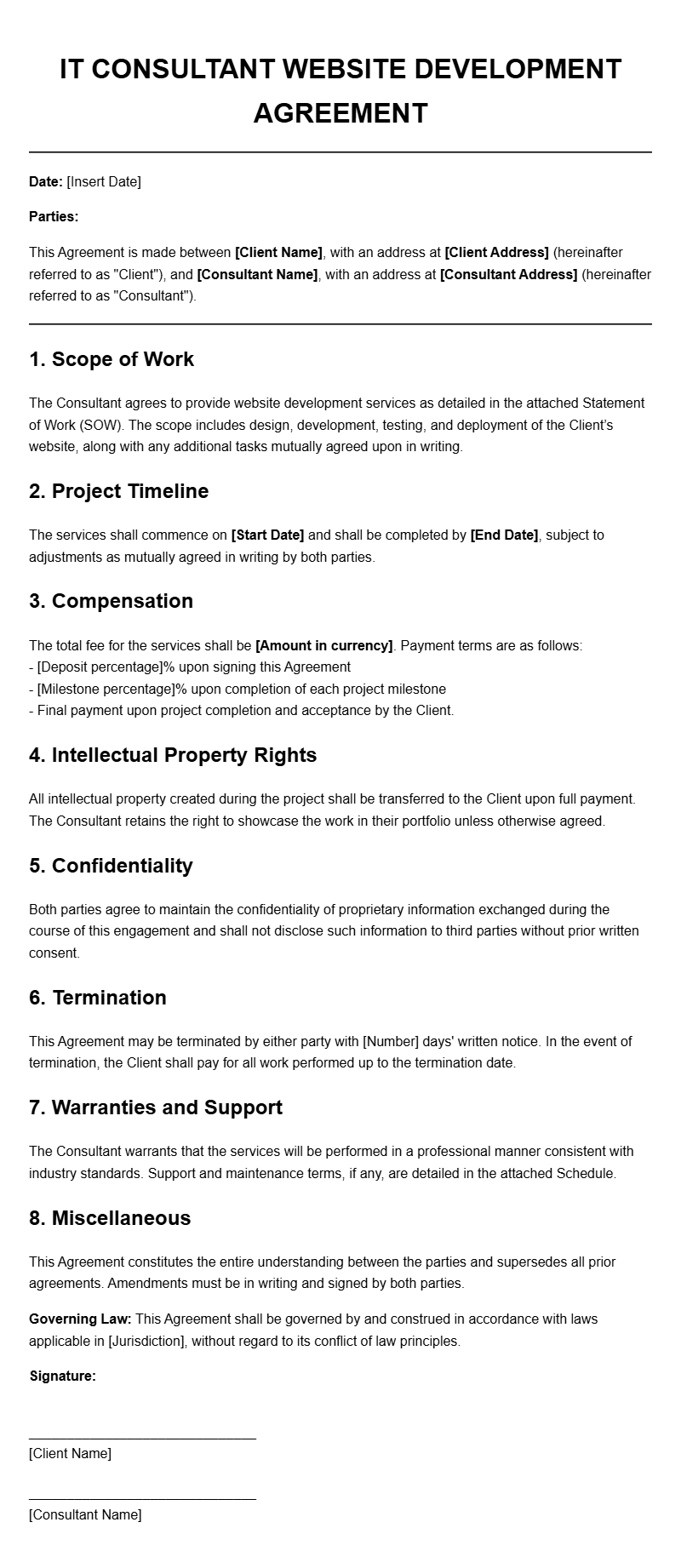 IT Consultant Website Development Agreement Templates