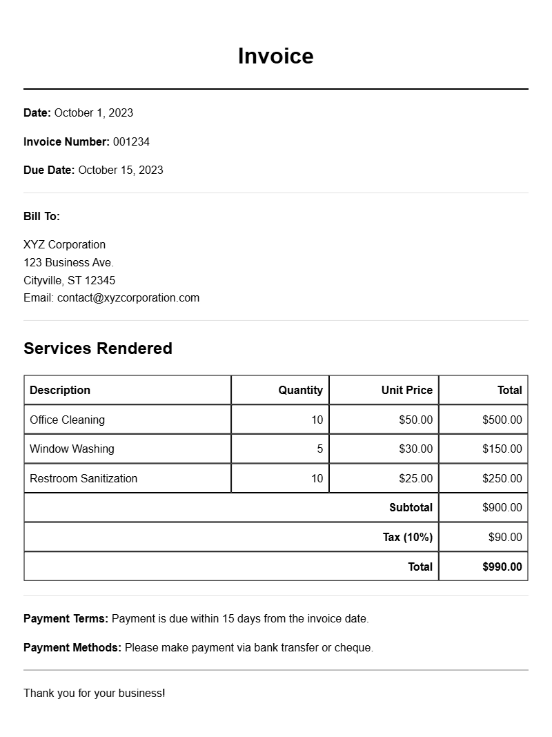 Janitorial Service Invoice Samples for Your Business Needs