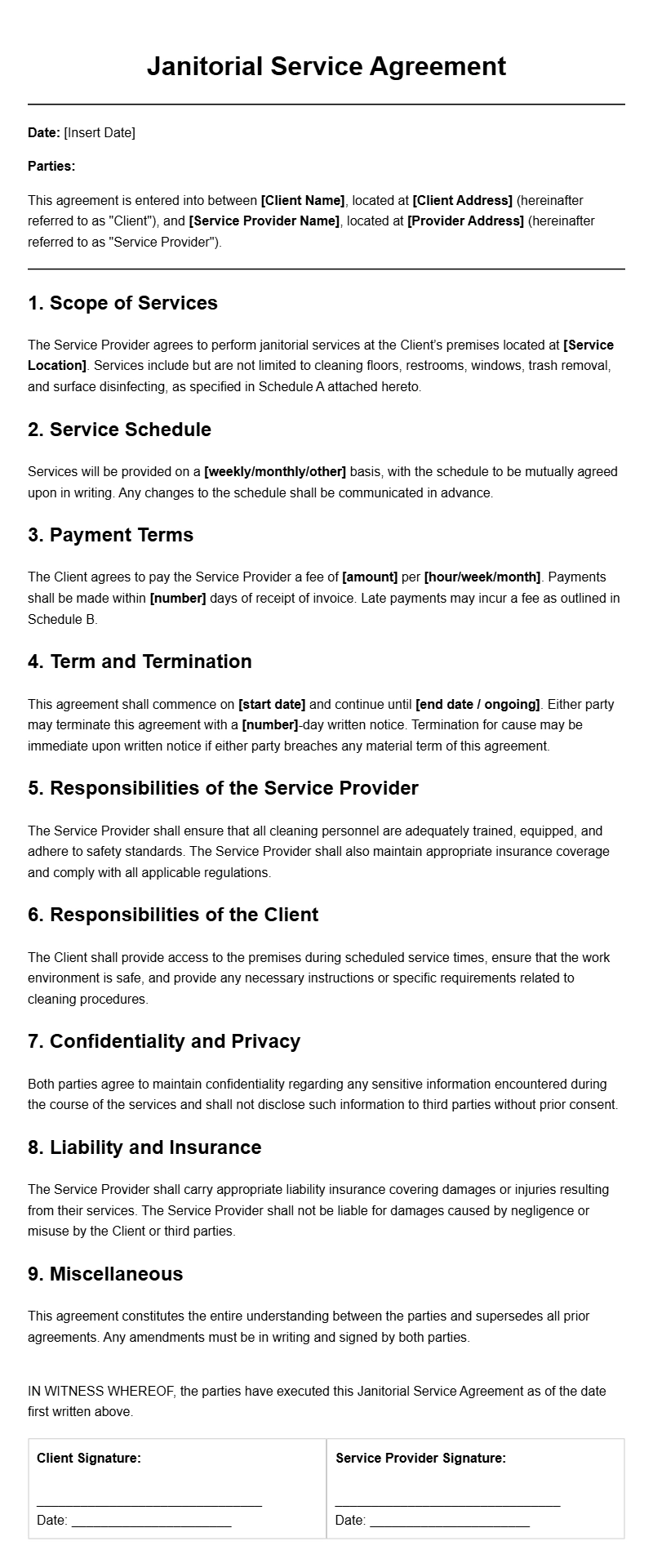 Janitorial Service Social Media Agreement Templates