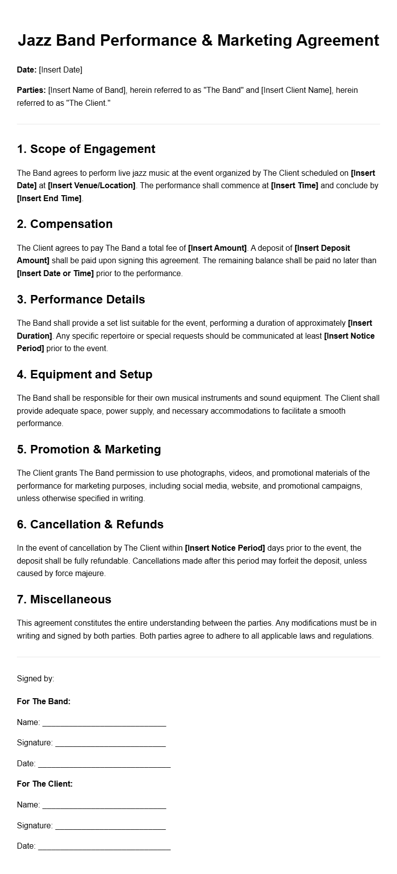 Jazz Band Marketing Agreement Templates for Successful Promotions