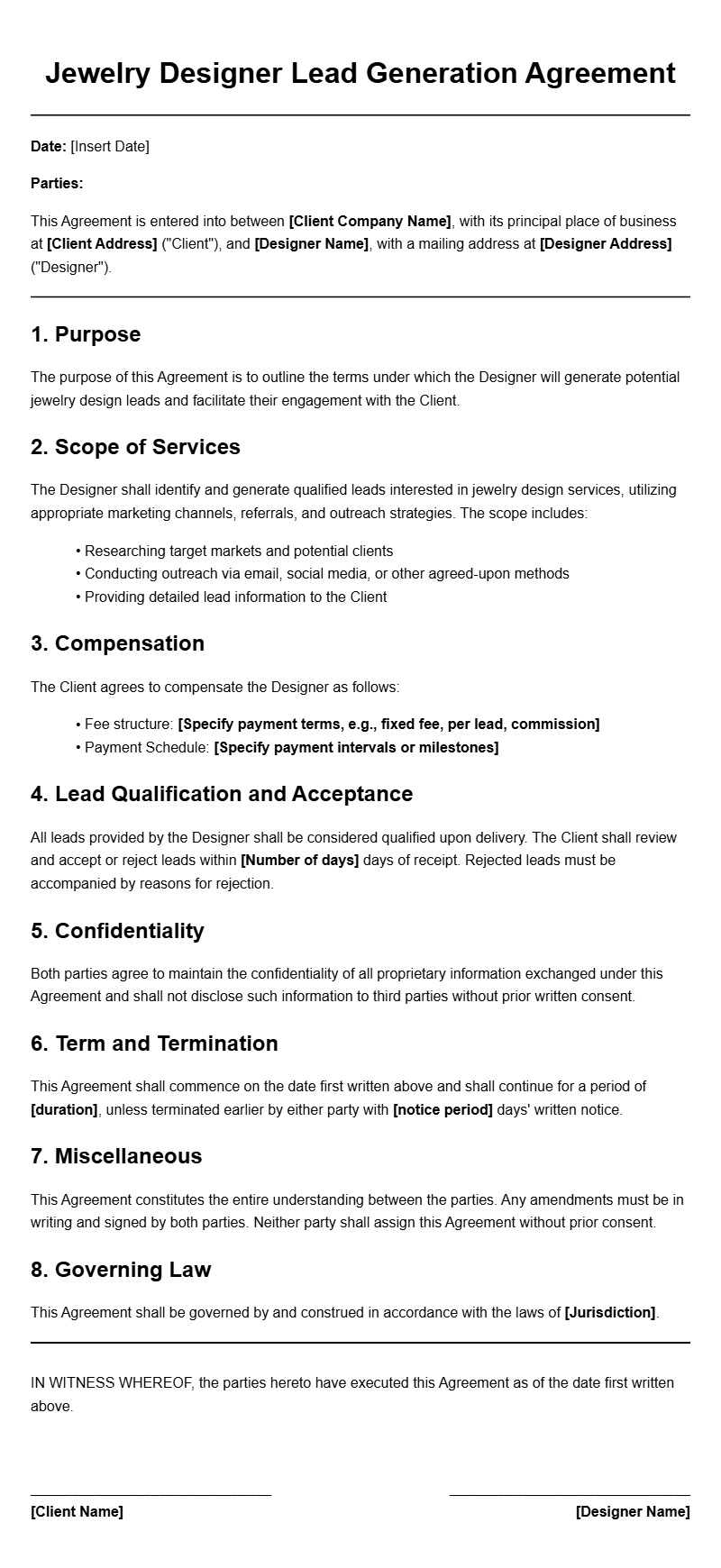 Jewelry Designer Lead Generation Agreement Templates