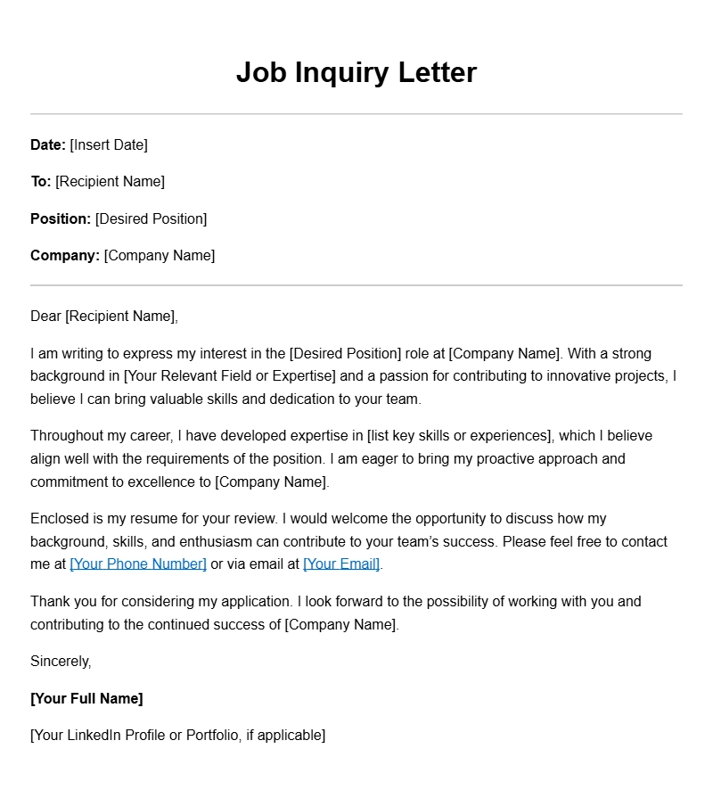 Professional Job Inquiry Letter Templates for Your Application