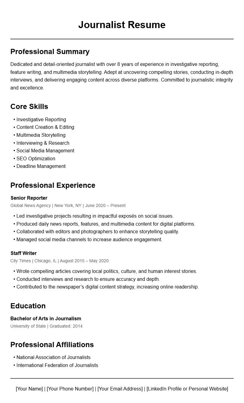 Journalist Resume Samples to Showcase Your Skills and Experience