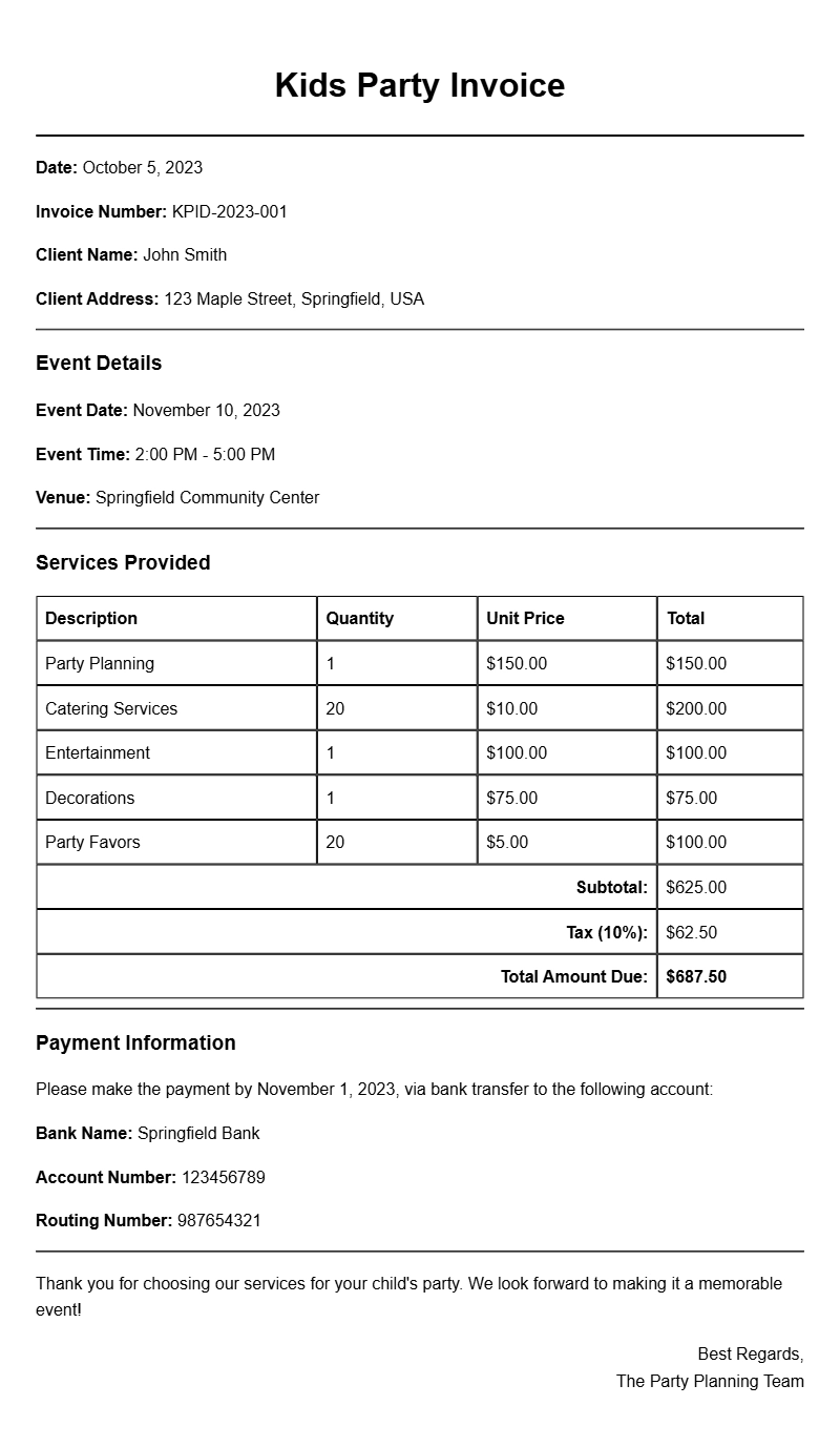 Kids Party Invoice Samples for Easy Event Planning