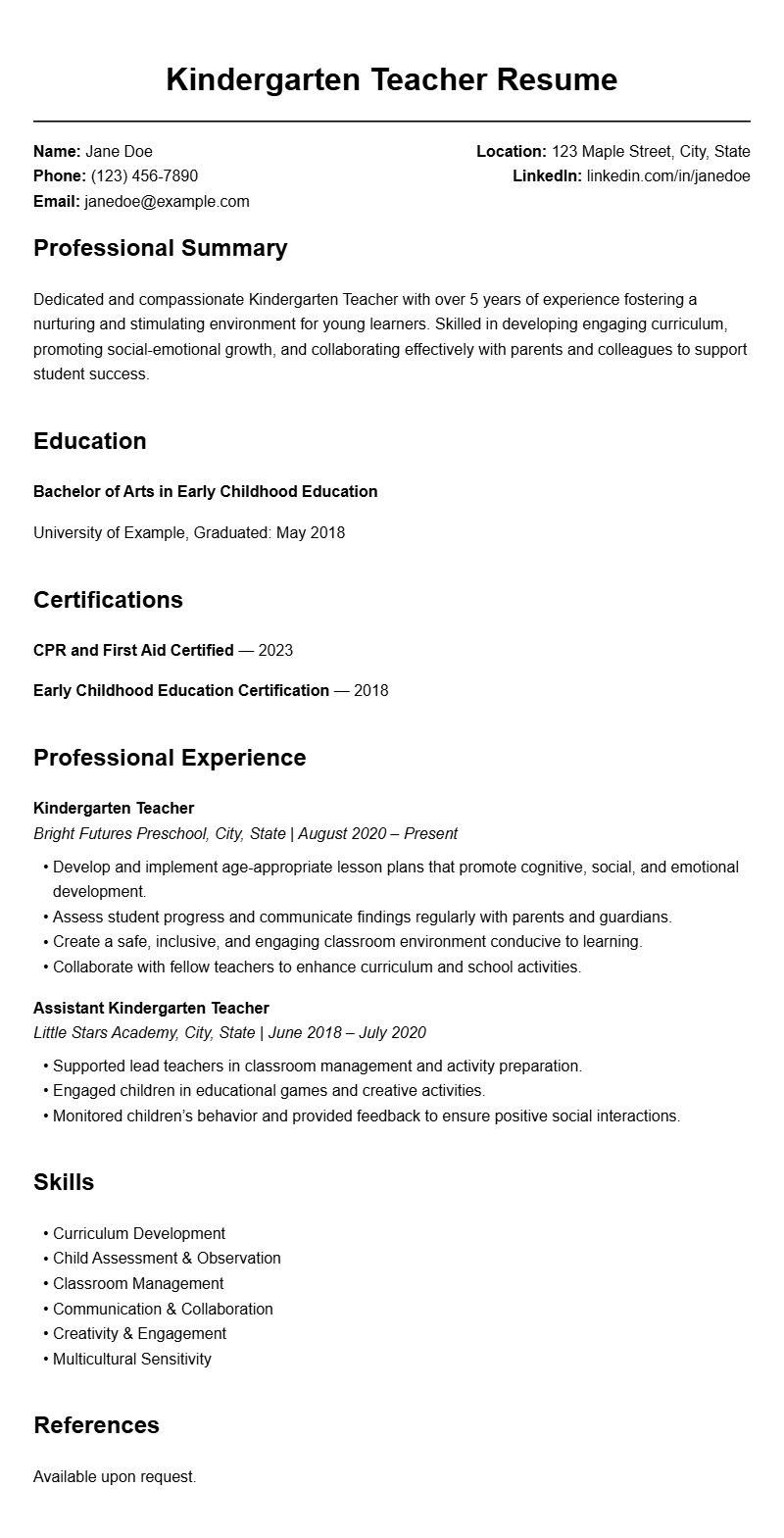 Kindergarten Teacher Resume Templates for a Strong Application