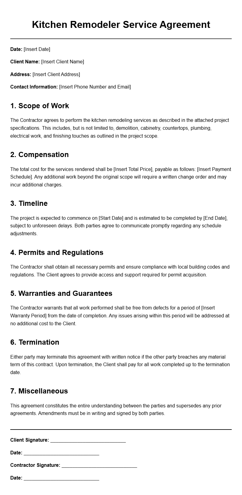 Kitchen Remodeler Advertising Agreement Templates