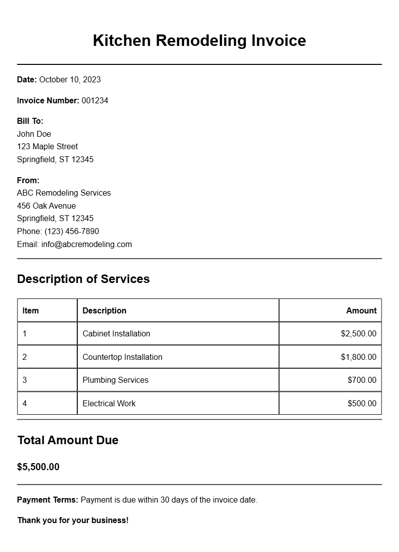 Kitchen Remodeling Invoice Samples for Your Next Project