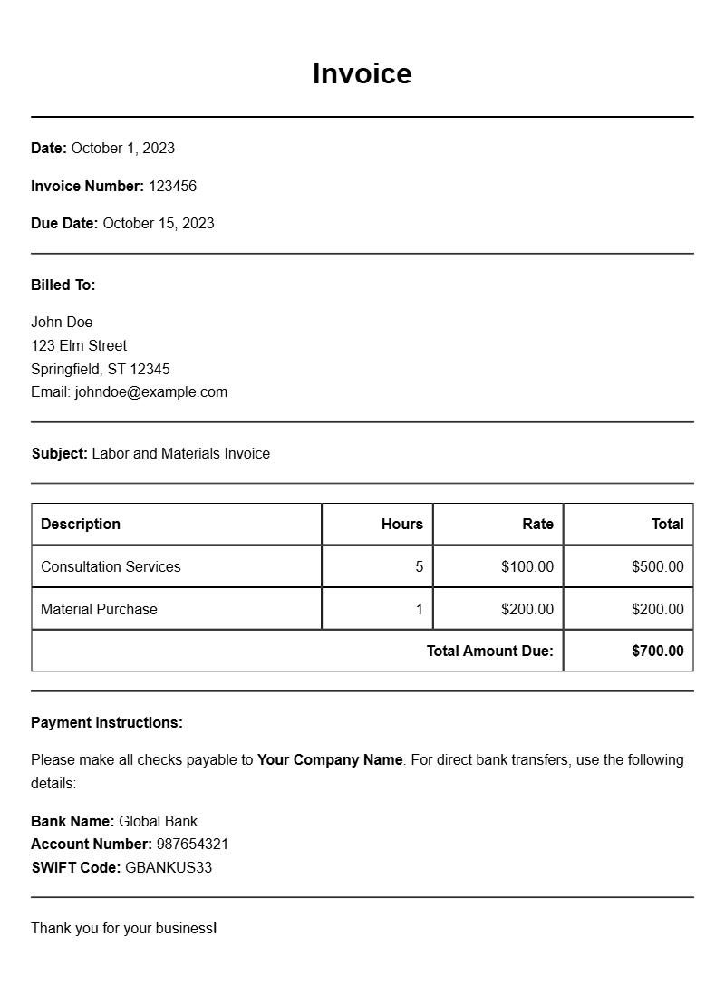 Labor and Materials Invoice Samples for Your Business Needs